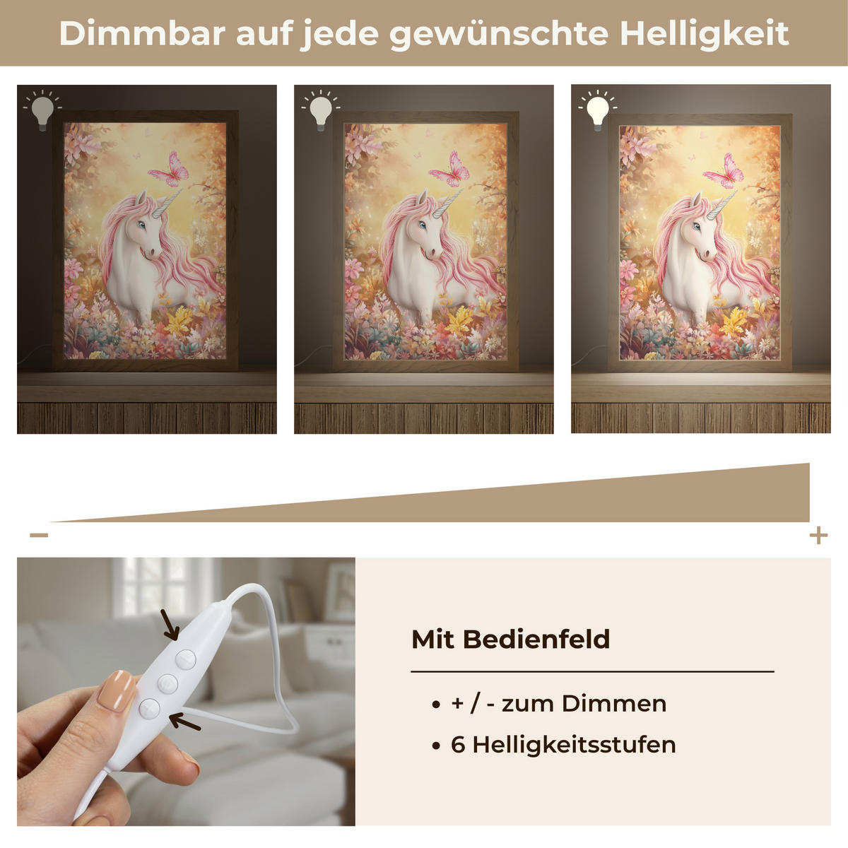 NÁSTĚNNÁ LAMPA Jednorožec - Květiny - Motýl - Růžová 20x30 cm - béžová, kompozitní dřevo (20/30/8cm) - OnlyWow