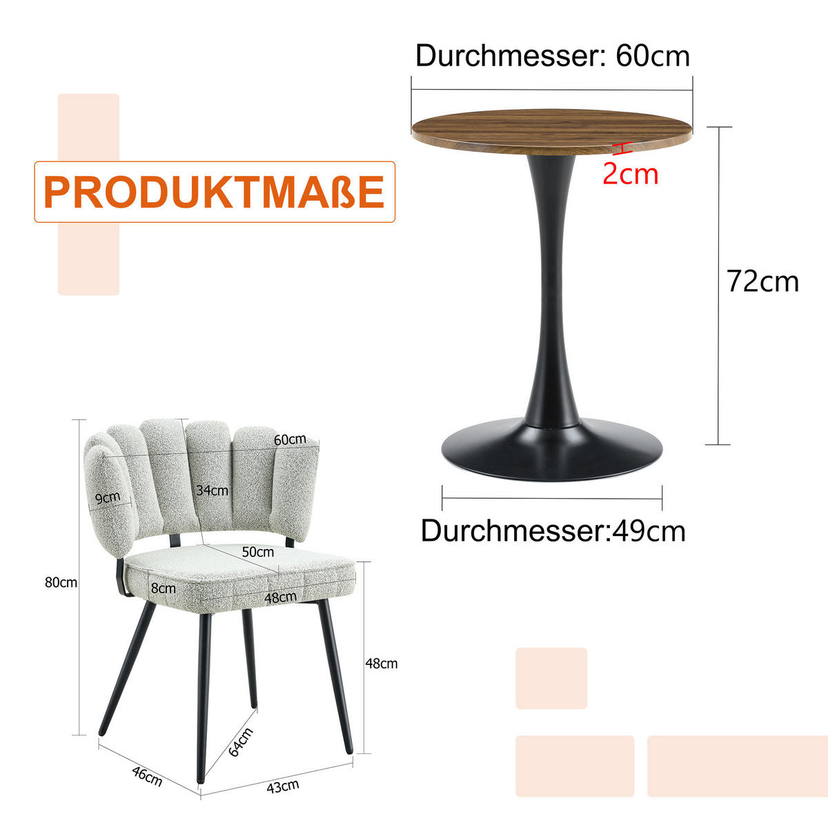 TISCH-UND-STUHLSET 3-tlg. Rundtisch 60 cm Walnuss/Schwarz - Schwarz, Metall (60/72/60cm) - Meubliv