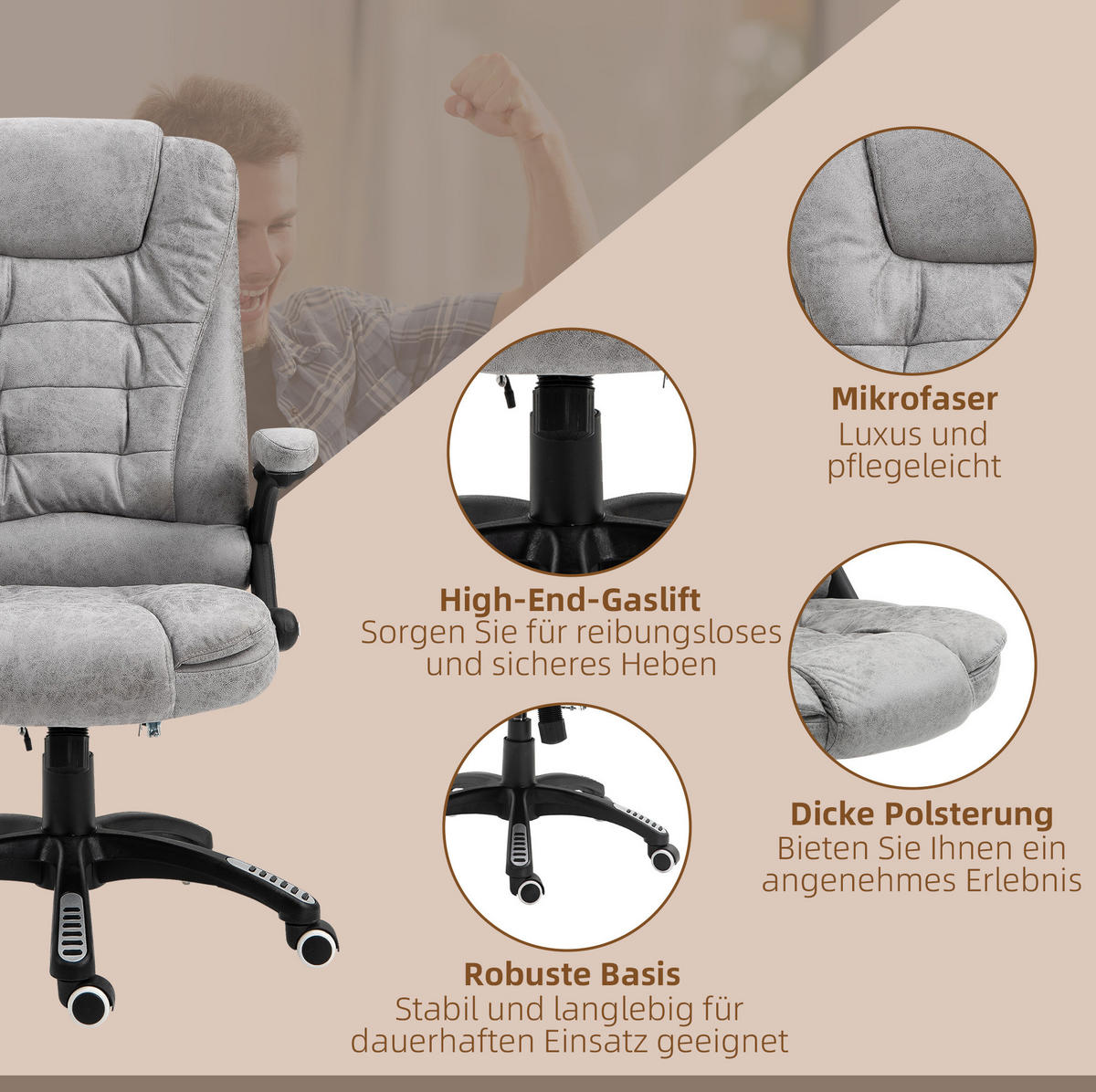 CHEFSESSEL in Grau 72x68x120 cm mit Massage- und Wärmefunktion, höhenverstellbar - Grau, Textil (68/120/72cm) - IVMEU