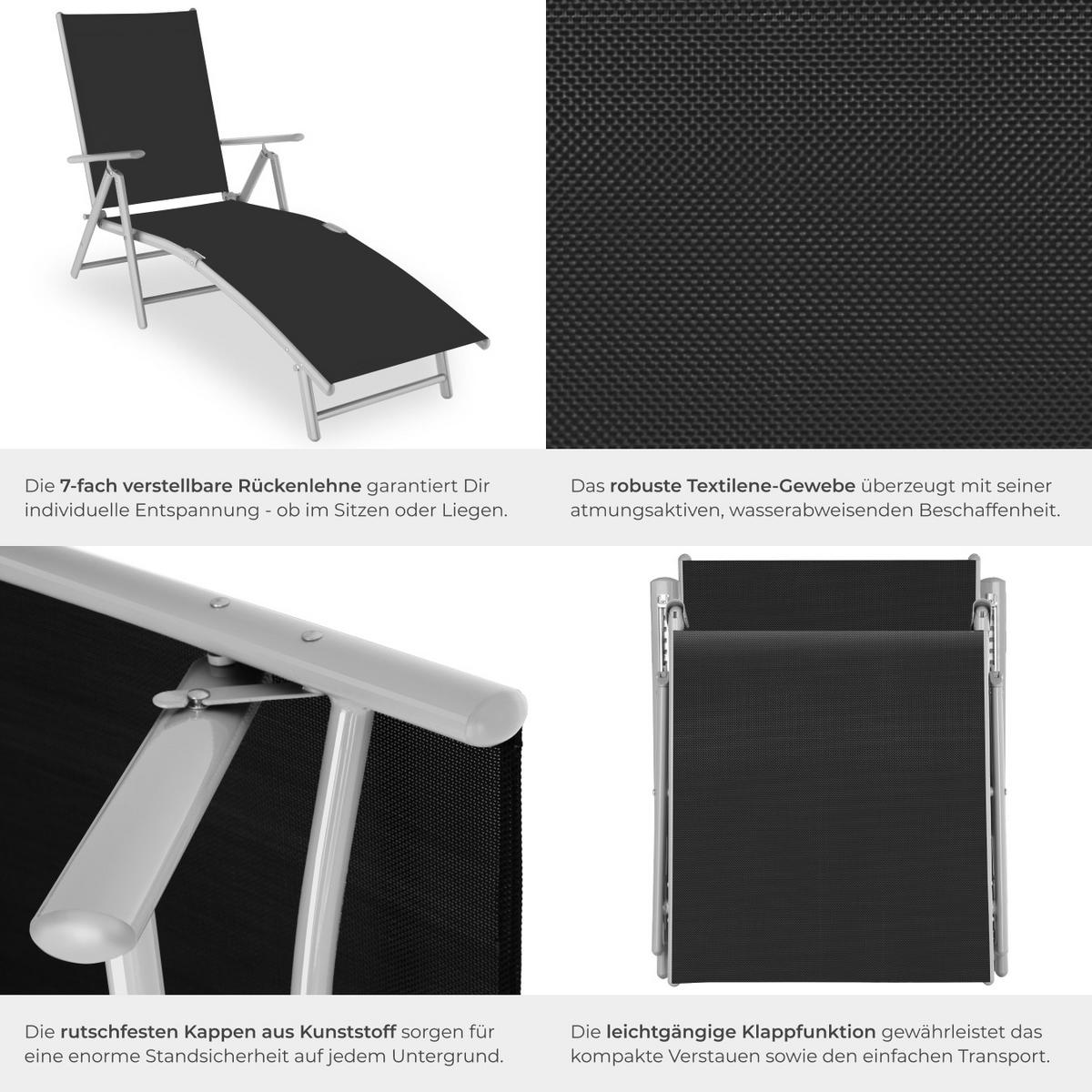 GARTENLIEGE Marisol,182 x 62 x 59 cm,schwarz/silber - Silberfarben/Schwarz, Kunststoff (62/59/182cm) - tectake