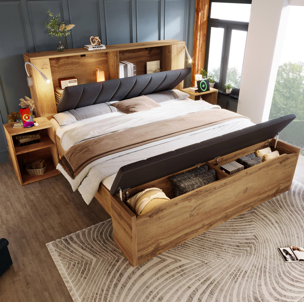 BETT 160/200 cm in Eiche mit Nachttischen, Bettbank und USB-Leselampen - Eichefarben, Holzwerkstoff (160/200cm) - Flora Grace