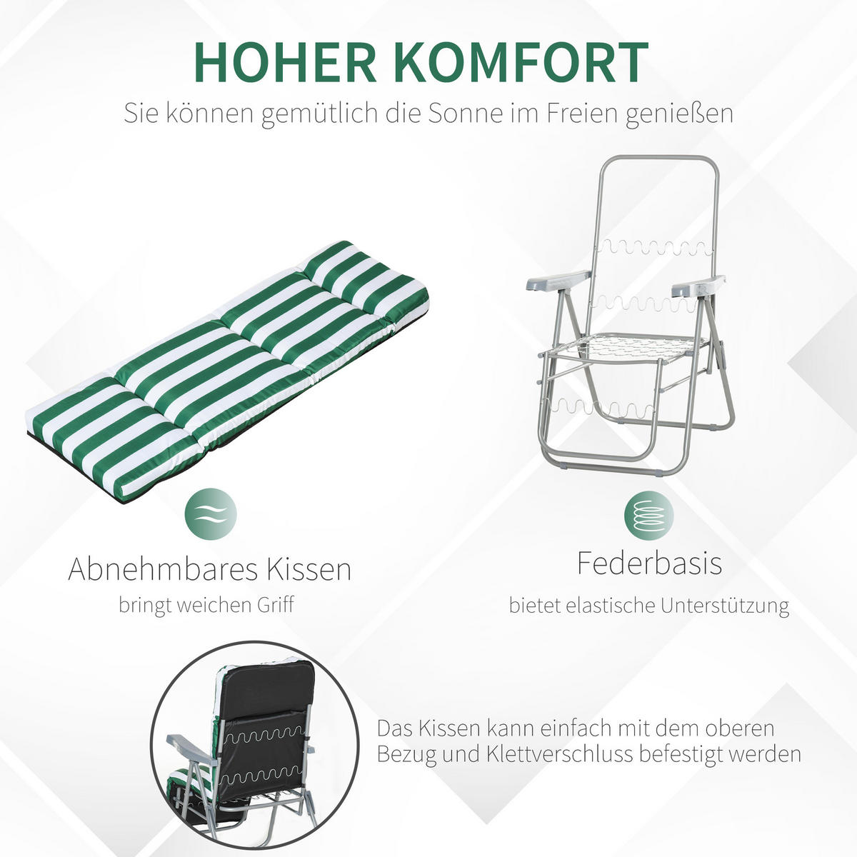 SONNENLIEGE, 5 Positionen Auflage, Stahl, Polyester, Schaumstoff, Grün - Grün, Kunststoff (60/102/75cm) - Outsunny