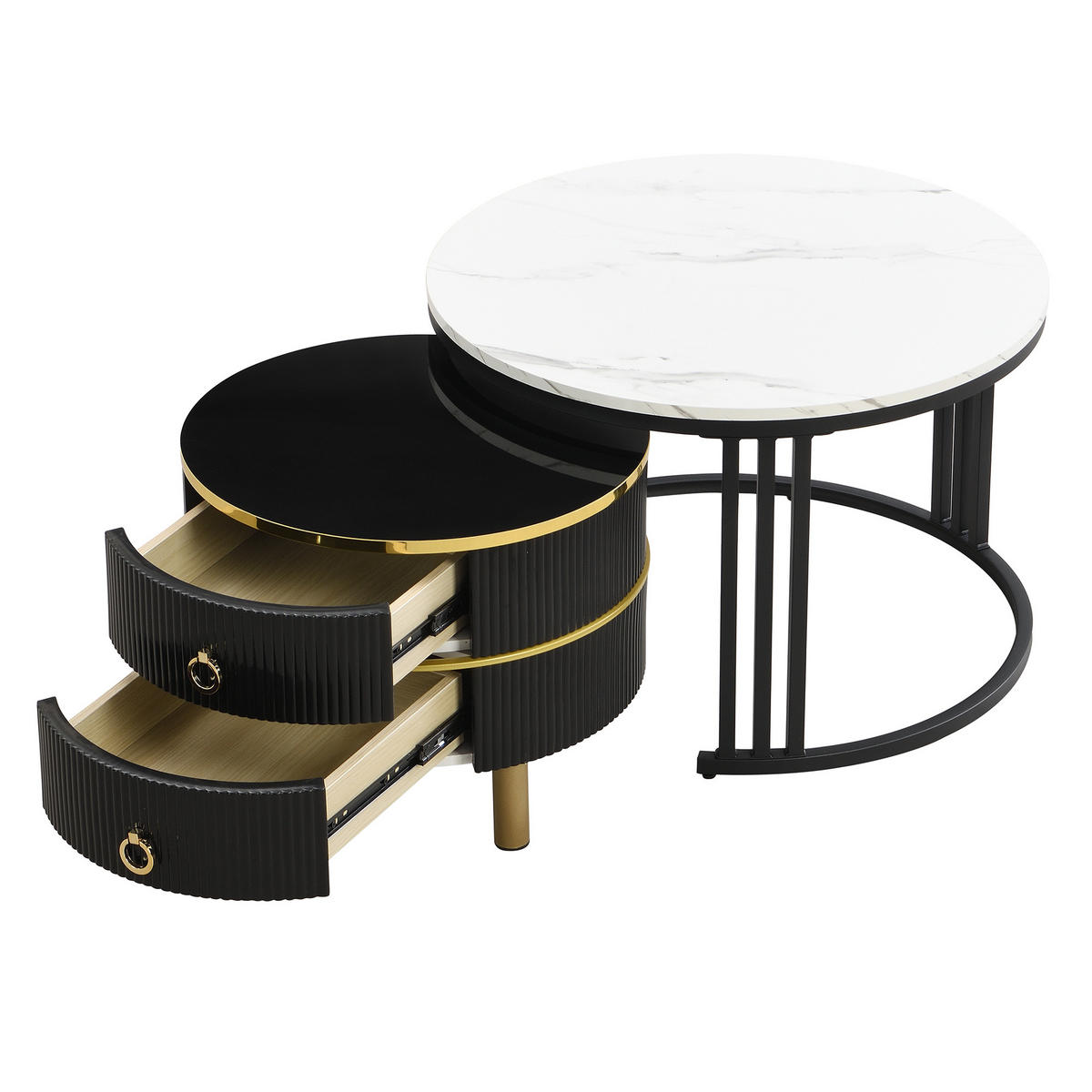 COUCHTISCH 70/70 cm und Beistelltisch 50/50 cm schwarz mit Marmor-Design und 2 Schubladen - Schwarz/Weiß, Holzwerkstoff (70/70/46cm) - OKWISH