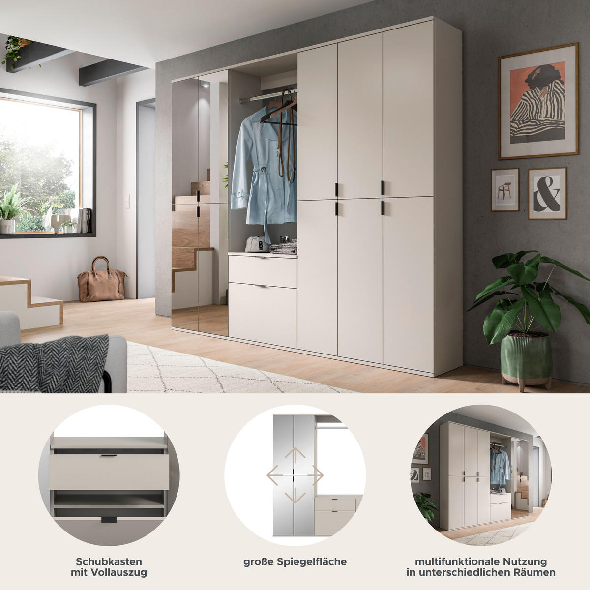 GARDEROBE Nexus 3-tlg. (B/H/T: ca. 213/193/34 cm) in Kaschmir/Kaschmir - Kaschmir, Holzwerkstoff (213/193/34cm)