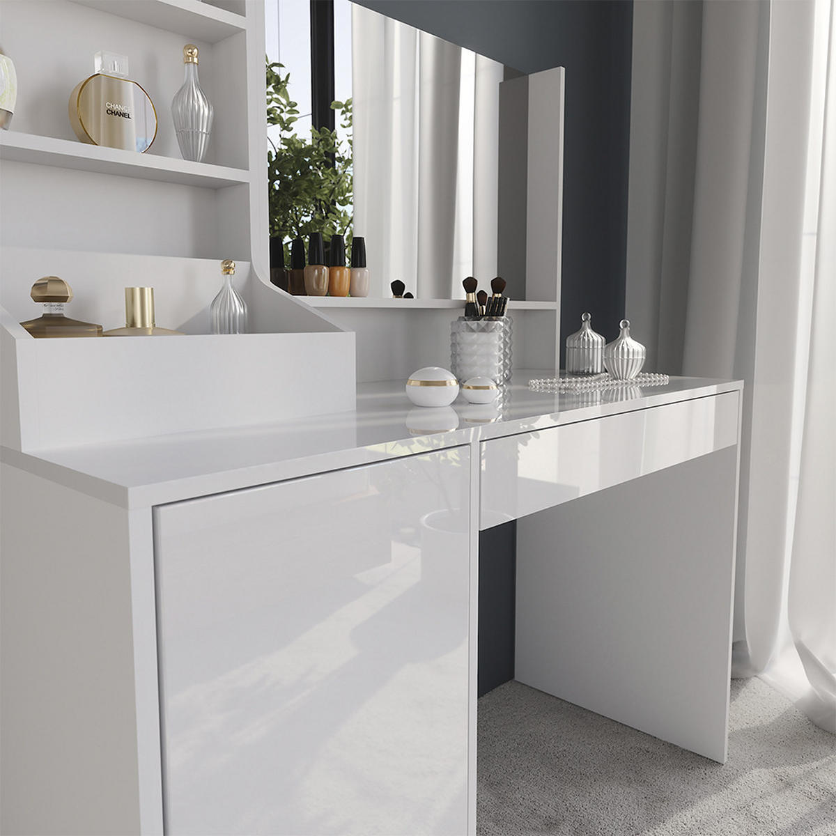 SCHMINKTISCH Sherry Weiß/Weiß Hochglanz 119.8 cm 3 Teile - Weiß Hochglanz, Holzwerkstoff (119.8/76/50.1cm) - Vicco