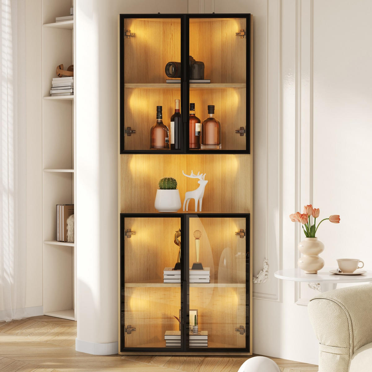ECKVITRINE aus MDF 62x32x160 cm Eiche mit LED-Beleuchtung und Soft-Close-Türen - Eichefarben, Holzwerkstoff (62/160/32cm) - IVMEU