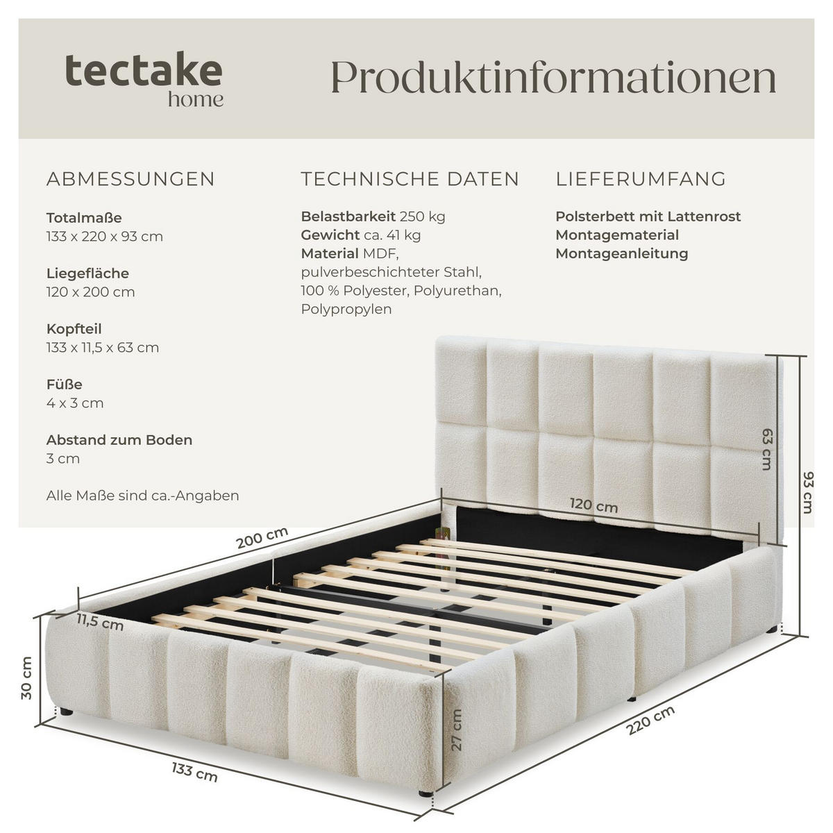 POLSTERBETT Shirley, Belastbarkeit 250 kg, Teddy creme - Creme, Holz (120/200cm) - tectake
