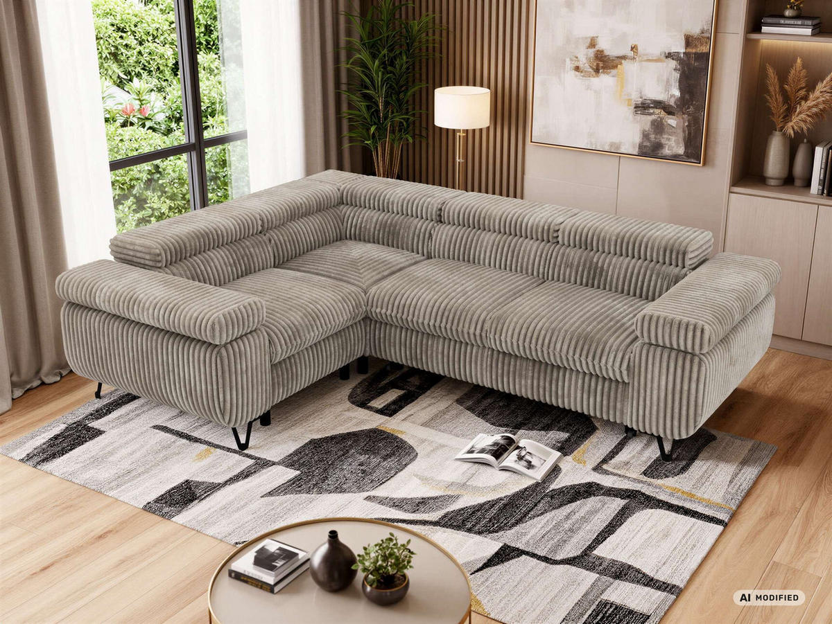 ECKSOFA FALCO L - Hellbraun Cord - Links Seite - Hellbraun/Schwarz, Textil/Metall (197/268cm) - MKS