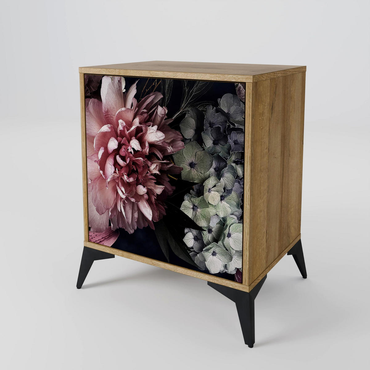 SIDEBOARD PURE BLOSSOM, Eichefarben, 57,5x42x67,5 cm, Schwarze Metall-Rahmenfüße - Eichefarben/Multicolor, Holzwerkstoff/Metall (57.5/67.5/42cm) - SpaceRebels