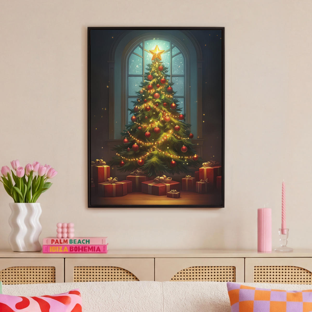LEINWAND Bilder mit Rahmen - Weihnachtsbaum - Geschenk - Winter - 70x100 - Grün, Textil (70/100cm) - MuchoWow