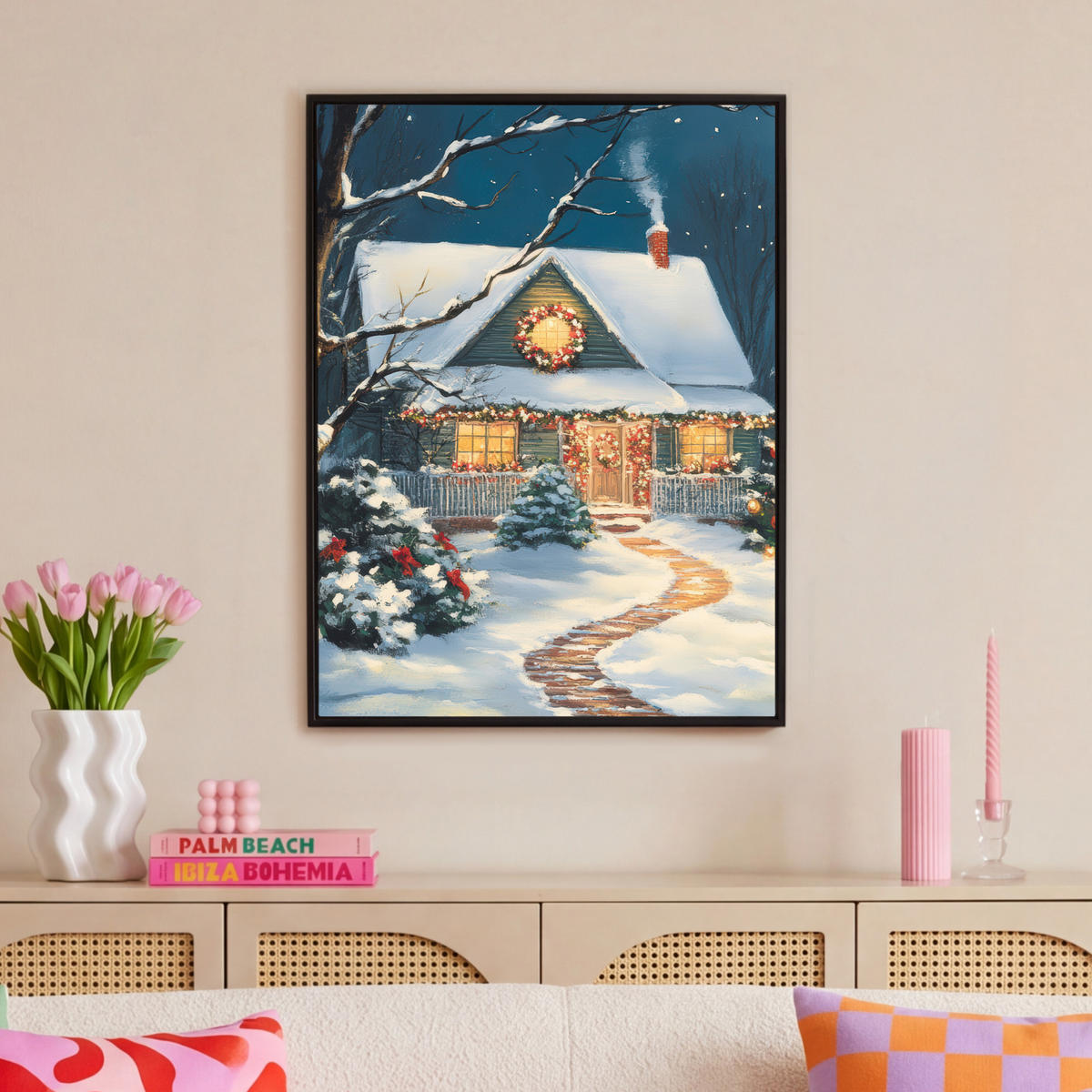 LEINWAND Bilder mit Rahmen - Weihnachten - Weihnachtsbaum - Winter - Zuhause - Schnee - 70x100 - Smaragdgrün, Textil (70/100cm) - MuchoWow