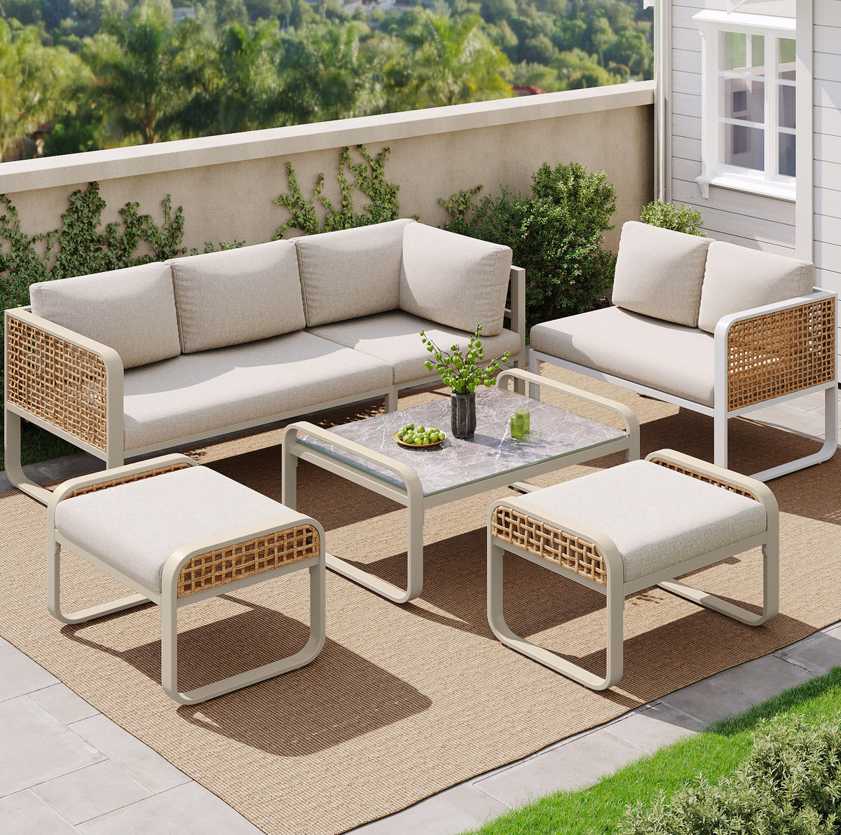 LOUNGEGARNITUR 120/61/69 cm beige aus Metall und Rattan mit Kissen - Beige, Metall - OKWISH