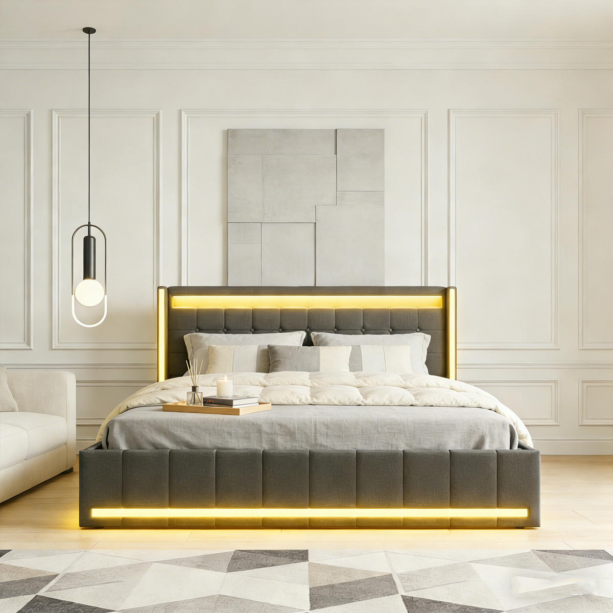 POLSTERBETT 160x200 cm mit 4 Schublade, Doppelbett 160x200 cm mit LED und USB, Lattenrost, Bett 160x200, Dunkelgrau Leinenstoff - Dunkelgrau, Holzwerkstoff/Textil (160/200cm) - GENKI LIVING