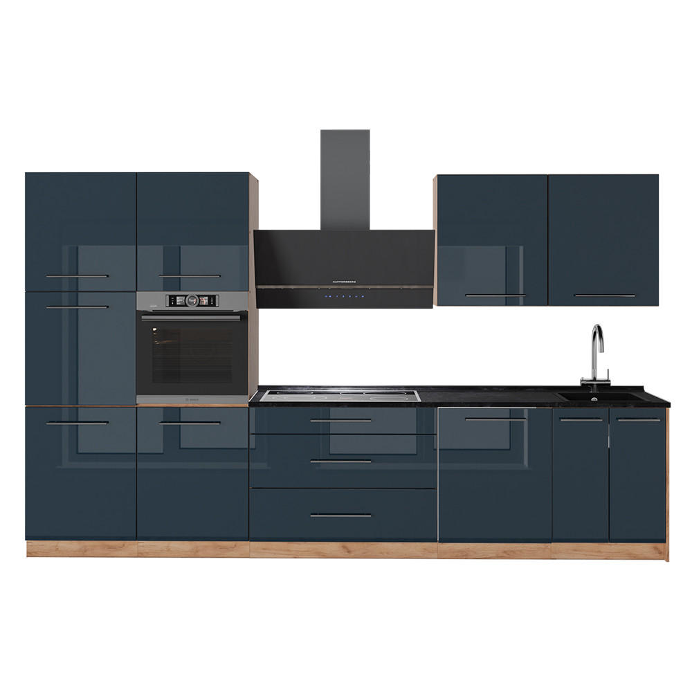 KÜCHENZEILE Fame-Line, Dunkelblau Hochglanz/Goldkraft Eiche, 340 cm ohne Arbeitsplatte - Honigeiche/Dunkelblau, Holzwerkstoff (340/206.8/51.6cm) - Vicco
