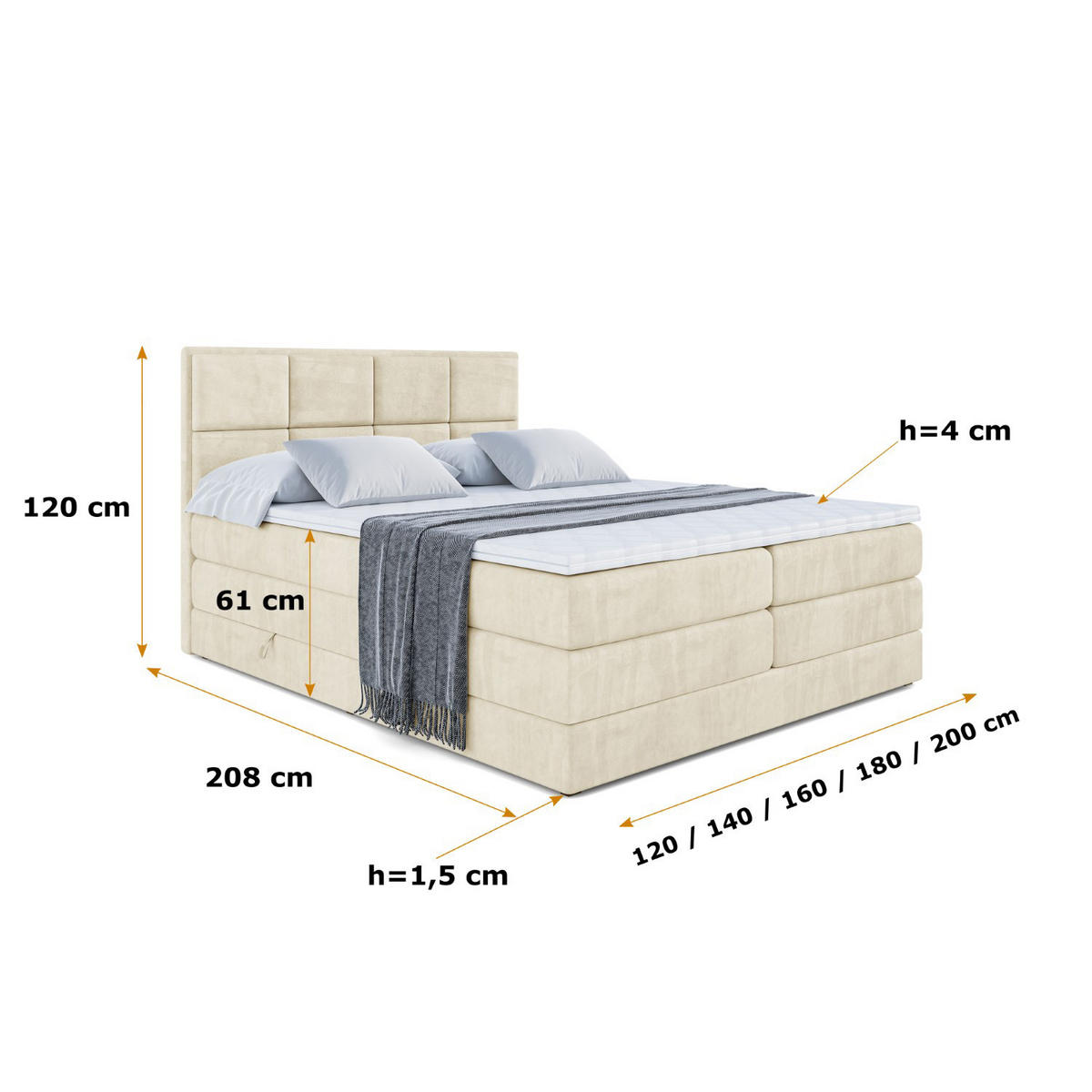 BOXSPRINGBETT NOVA KING - 180 x 200 - H3/H4 - Beige - Beige, Holzwerkstoff (180/200cm) - ALTDECOR