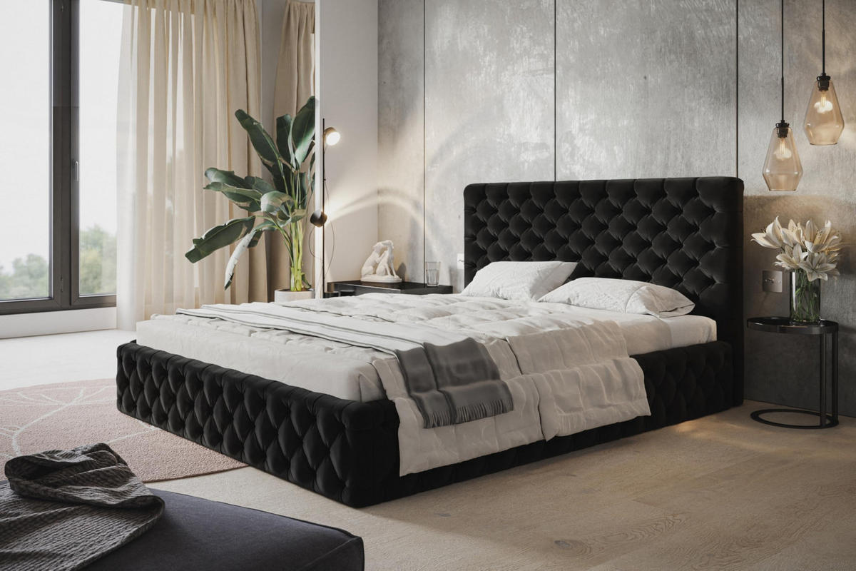 BETT 180x200 - Polsterbett mit Bettkasten und Holzrahmen - Elegant Betten - Weicher Jasminstoff - Kollektion Miami, Schwarz - AlpiMeble - Schwarz, Holz/Kunststoff (180/200cm) - Alpi-Möbel