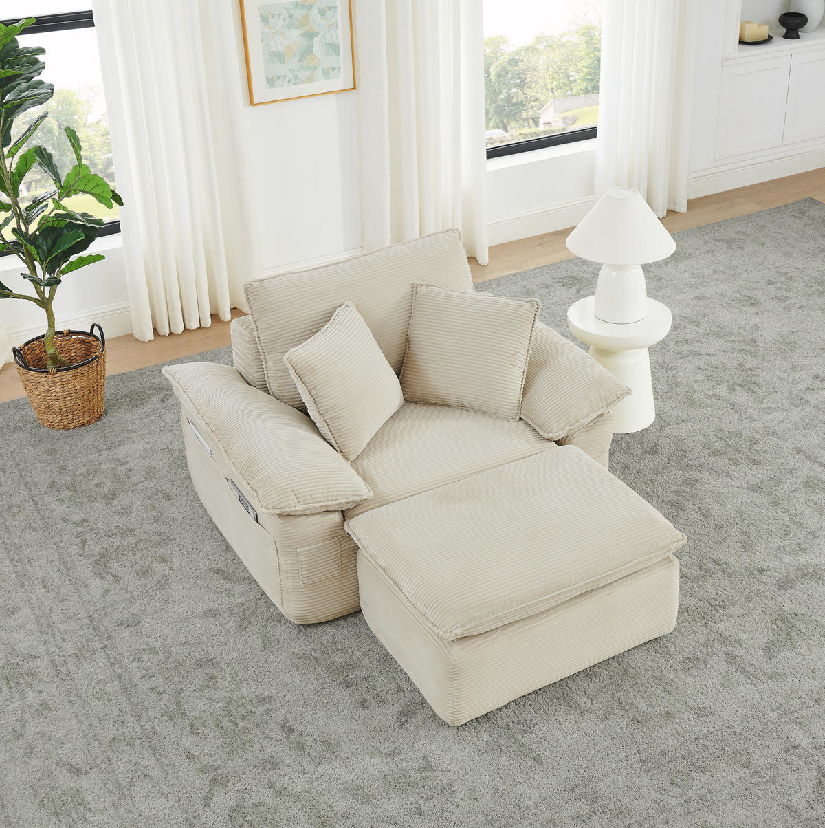 SESSEL aus Stoff Beige ohne Montage mit Fußstütze, Seitentaschen und modularer Kombination - Beige, Textil (156/65/125cm) - Modfu