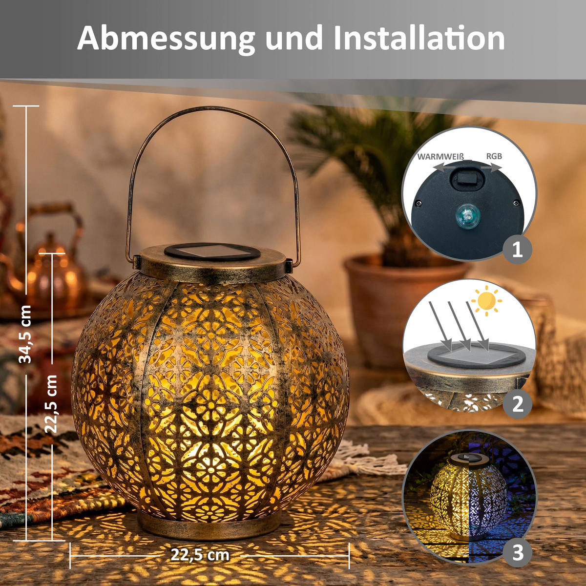 LED-SOLAR-LATERNE Marrakesh Rund Metall Messing-Finish Warmweiß RGB Dämmerungs-Sensor IP44 2er-Set - Messingfarben, Metall (22.5/22.5/22.5cm) - Northpoint