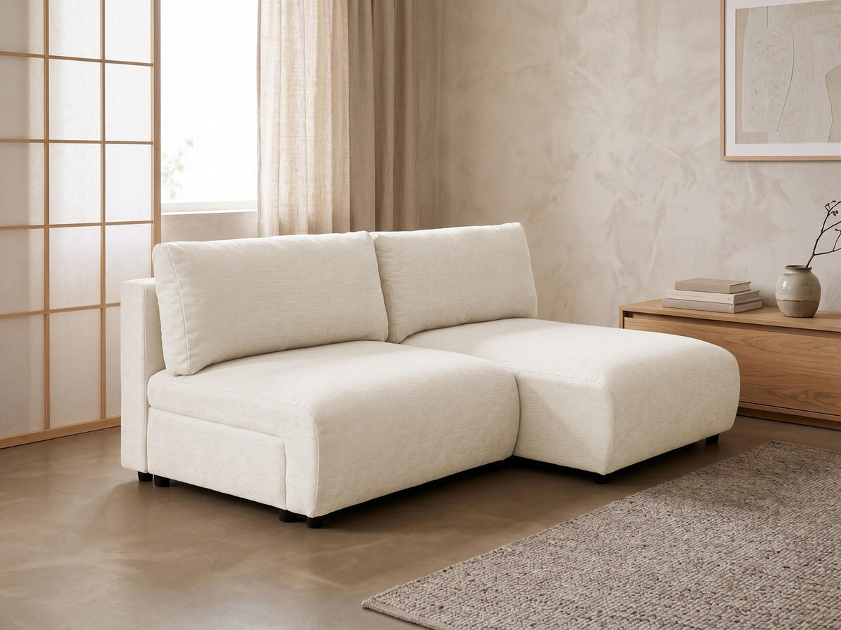 ECKSOFA Sora mit Schlaffunktion, Bettkasten und extra tiefer Komfortzone aus hochwertigem Hellbeige Strukturstoff - Beige/Schwarz, Holz/Kunststoff (200/140cm) - S-Style