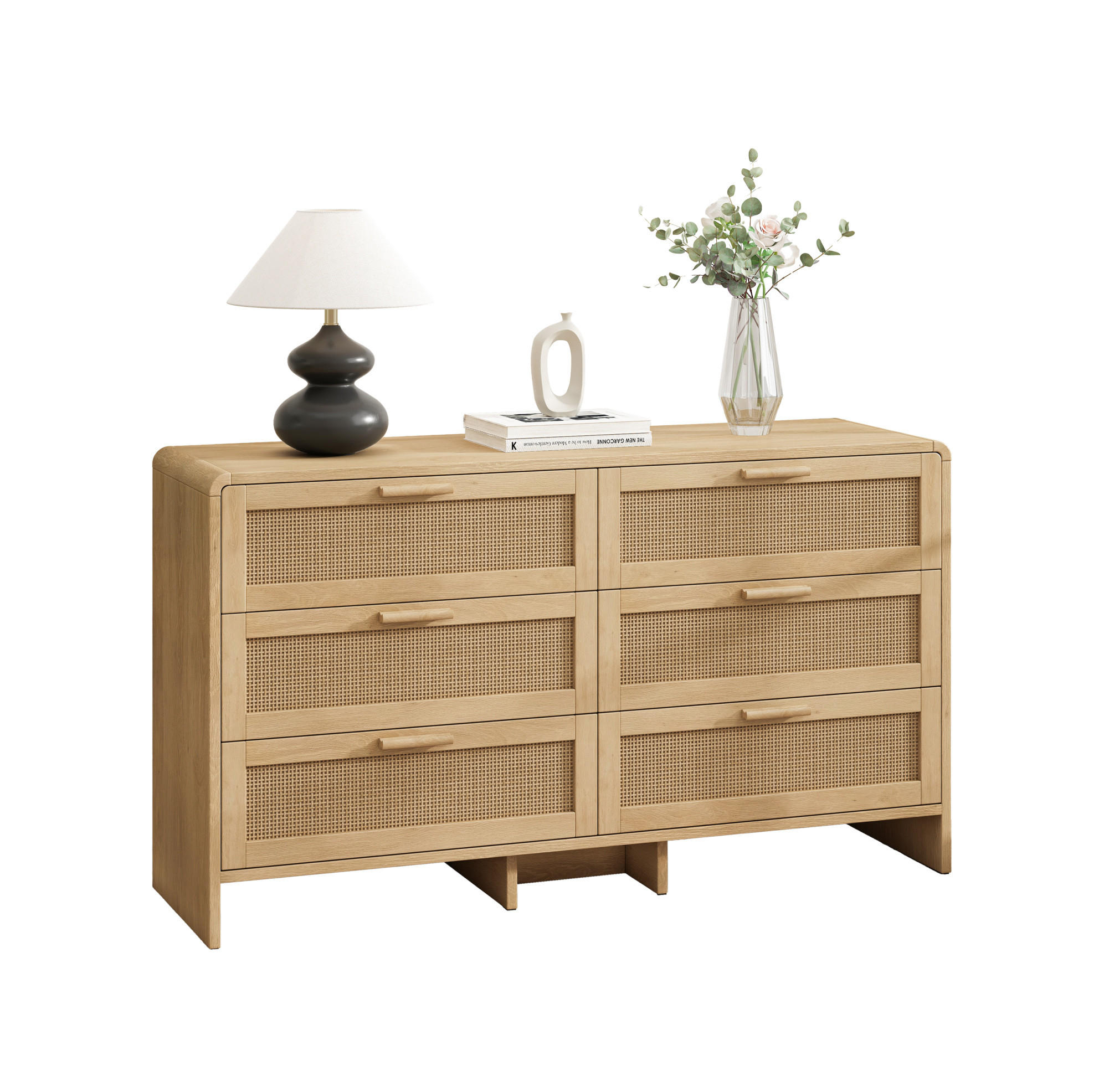 SCHUBLADENKOMMODE 130/40/74 cm mit 6 Schubladen und Rattanfronten – natürliche Optik - Naturfarben, Holzwerkstoff (130/74/40cm) - BEAOK