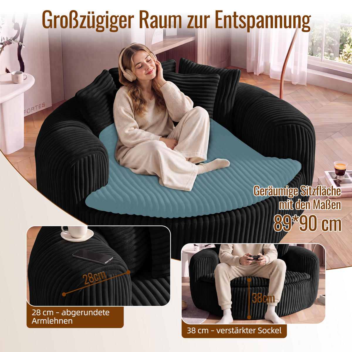 SITZSACK Cord Extrabreit mit 5 Kissen - Schwarz, Textil (145/59/133cm) - Urban Meuble