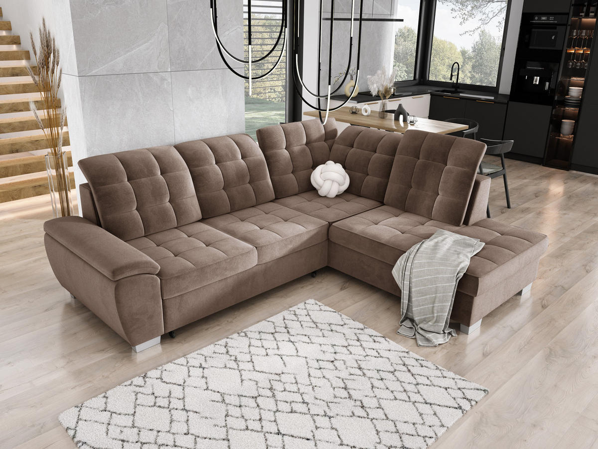 ECKSOFA LOTTA SALVADOR Bettkasten verstellbare Kopfstützen hochwertige Verarbeitung lose Rückenkissen freistehend RECHTS 258x212x106 cm Cappuccino - Cappuccino, Holz/Textil (258/212cm) - DomoHome