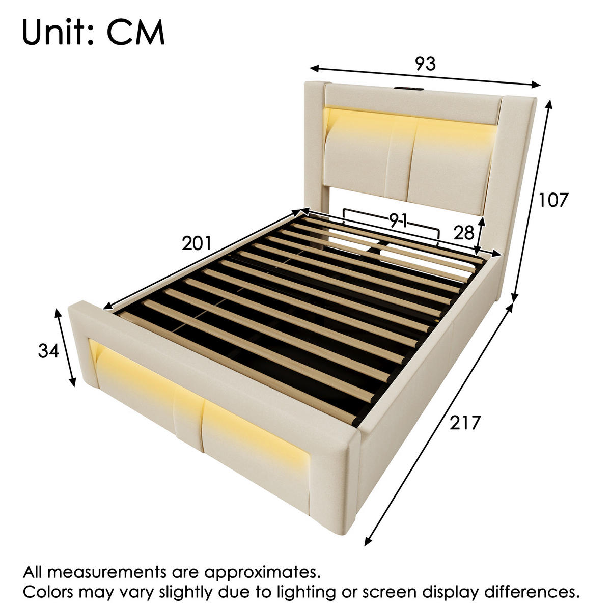 POLSTERBETT aus Samt 90x200 cm in Beige mit LED & USB-C-Ladestation - Beige, Textil (90/200cm) - Modfu