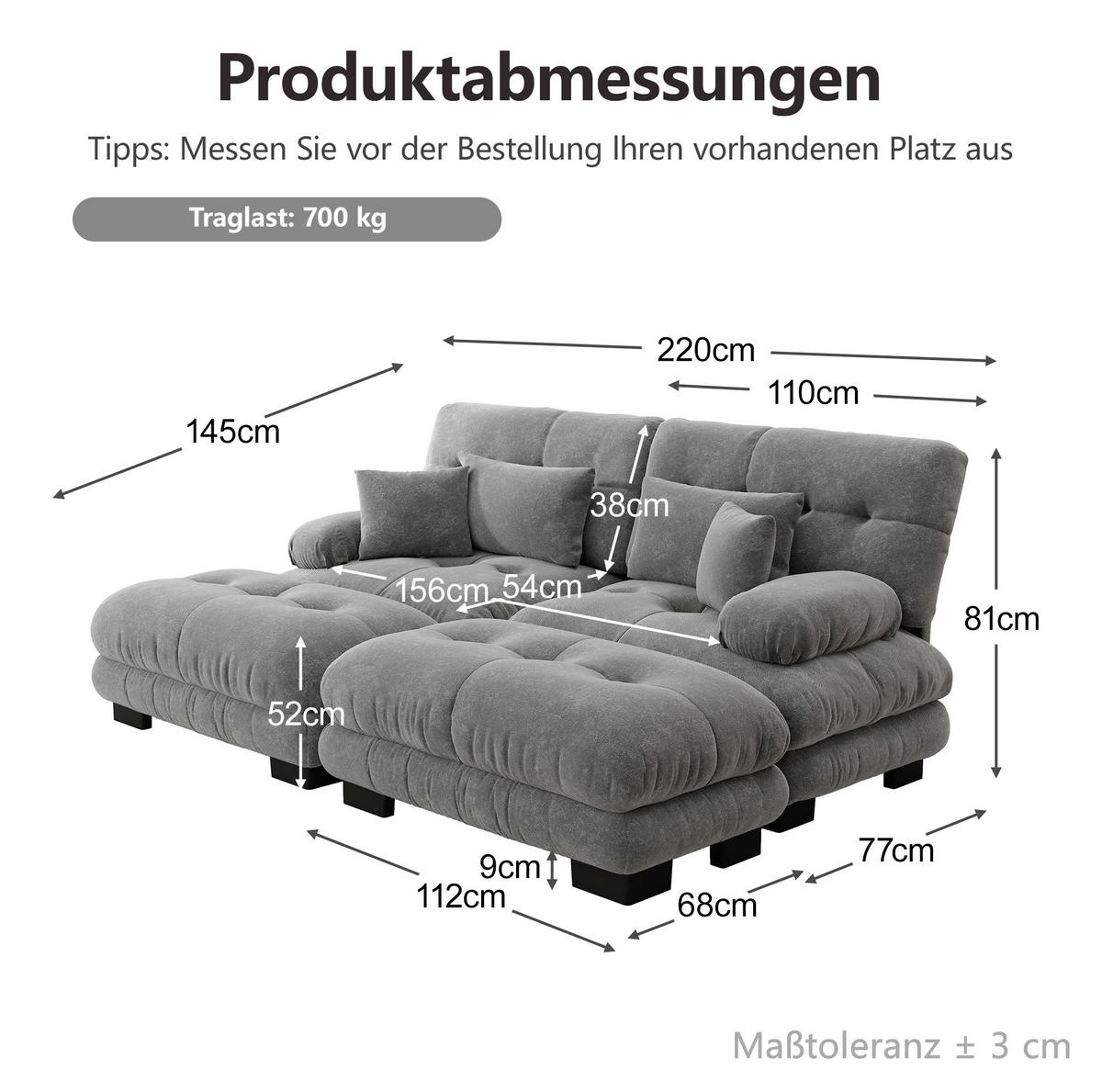 SOFA in Grau aus Chenille mit Ottomans und Lendenkissen - Grau, Textil (145/81/220cm) - Flora Grace