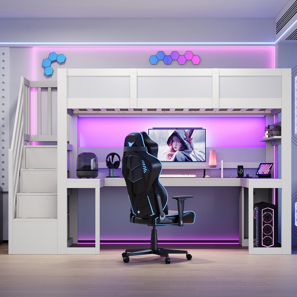 HOCHBETT aus MDF und Sperrholz 90x200 cm Weiß mit Schreibtisch, Stauraumtreppe, LED und USB - Weiß, Holzwerkstoff (90/200cm) - Modfu