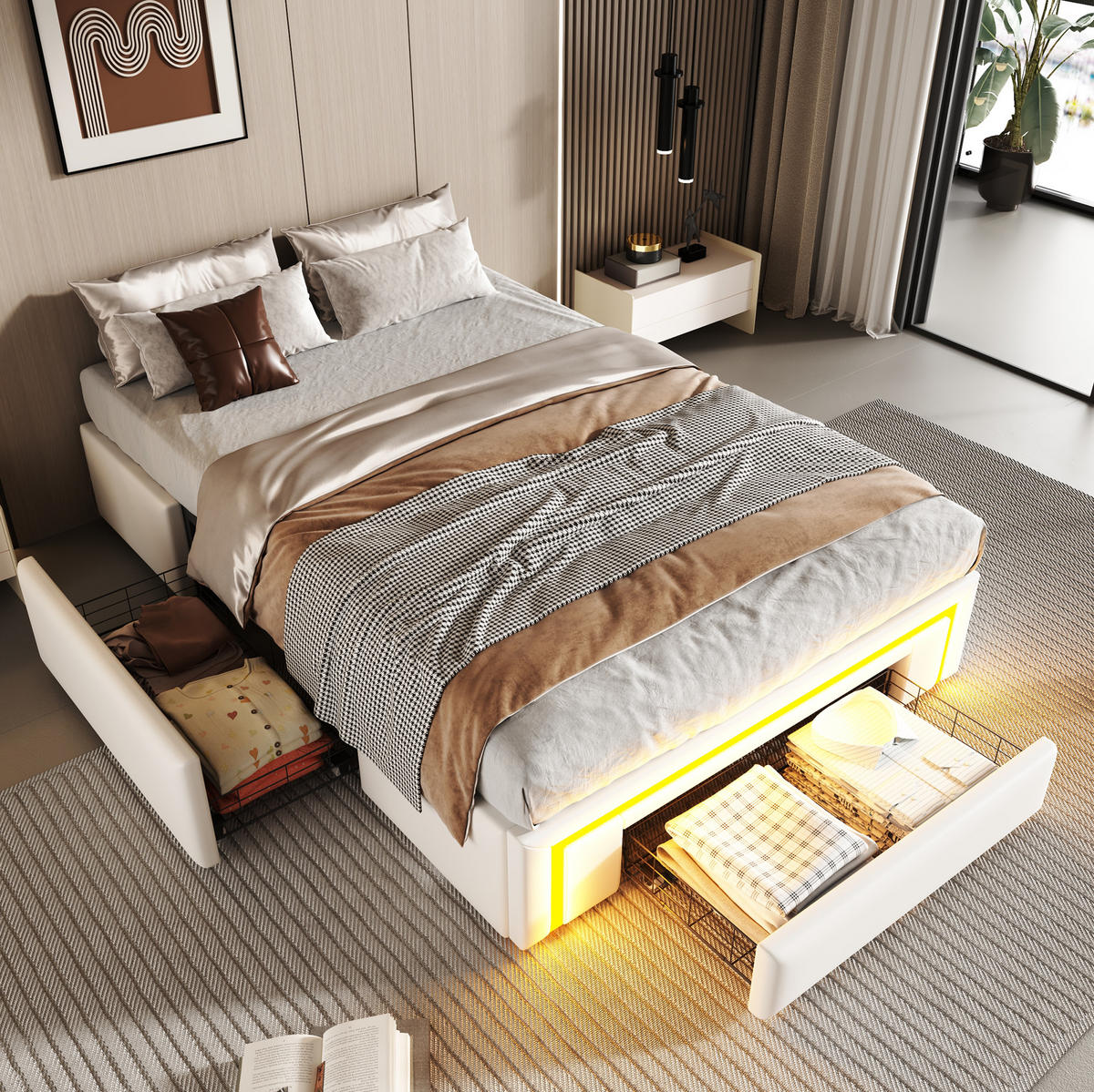 POLSTERBETT 90/200 cm mit Schubladen, LED-Lichtleiste und Metallrahmen, Weiß - Weiß, Textil (90/200cm) - Redom
