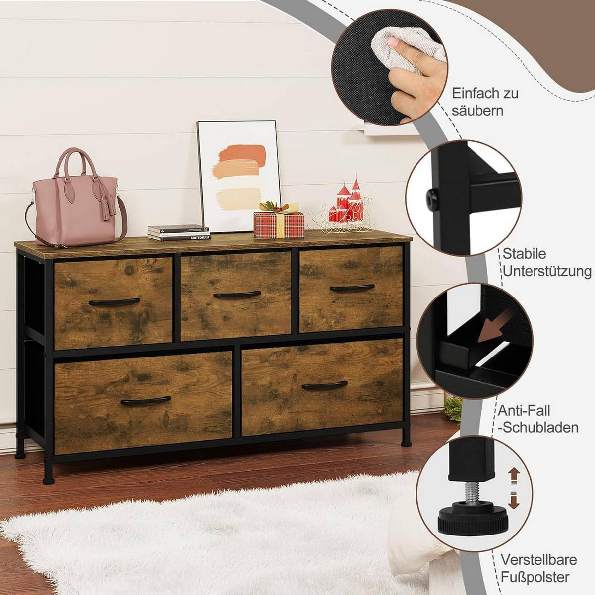 KOMMODENSCHRANK mit 5 Schubladen aus Holzwerkstoff ,Metallrahmen,Vintagebraun - Dunkelbraun/Schwarz, Holzwerkstoff/Metall (100/54/30cm) - Woltu