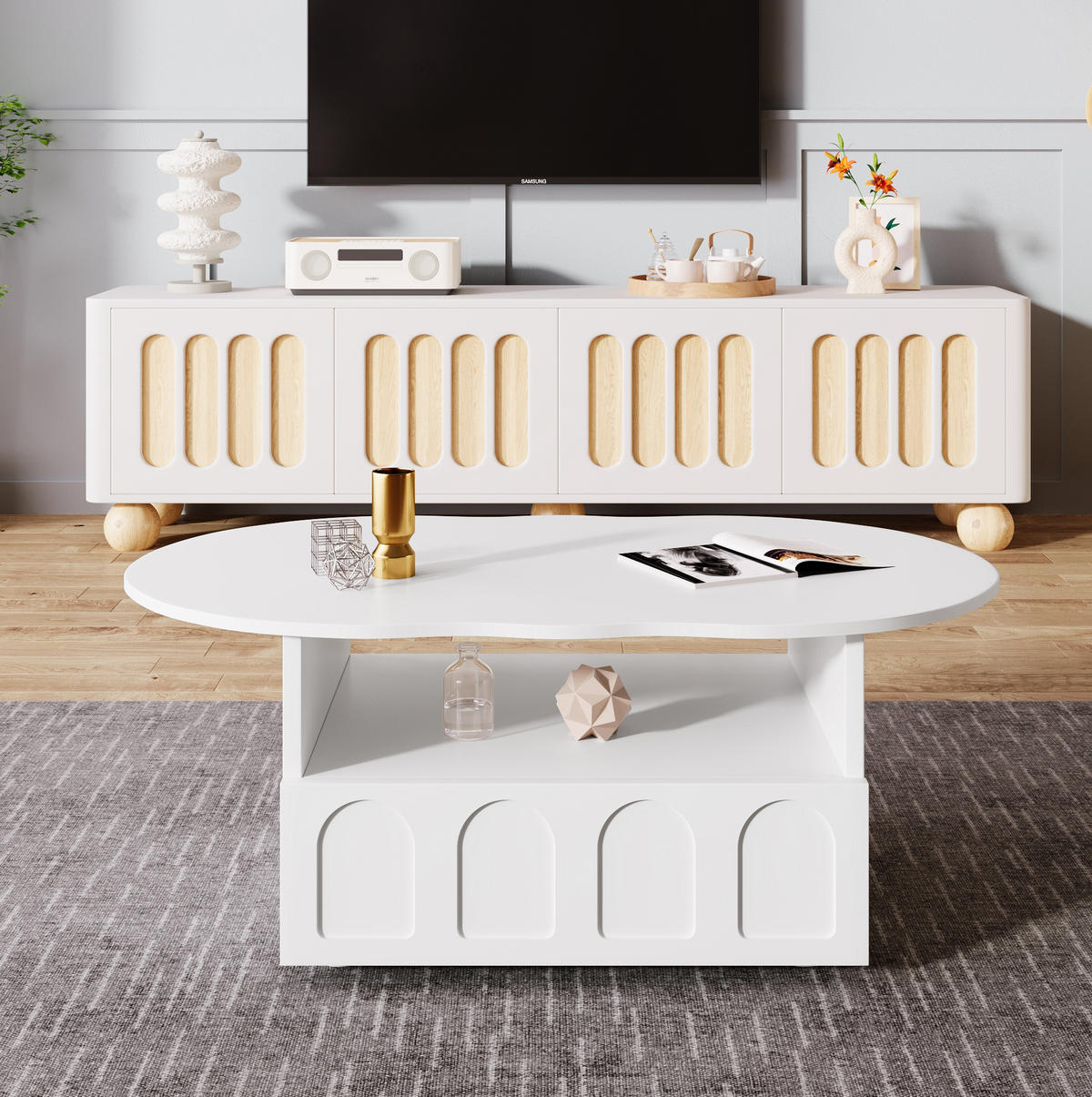 COUCHTISCH, wolkenförmige Tischplatte, Spanplatte, mit Schublade und offenem Fach, 100/60/40,5 cm, Weiß - Weiß, Holzwerkstoff (100/45.5/60cm) - Redom