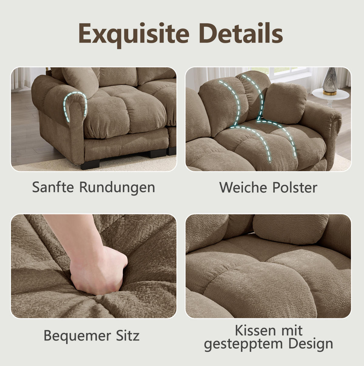 SOFA 260/86/90 cm in Braun aus Chenille mit Steppnähten und weichem Sitzkomfort - Braun, Textil (86/90/260cm) - Flora Grace