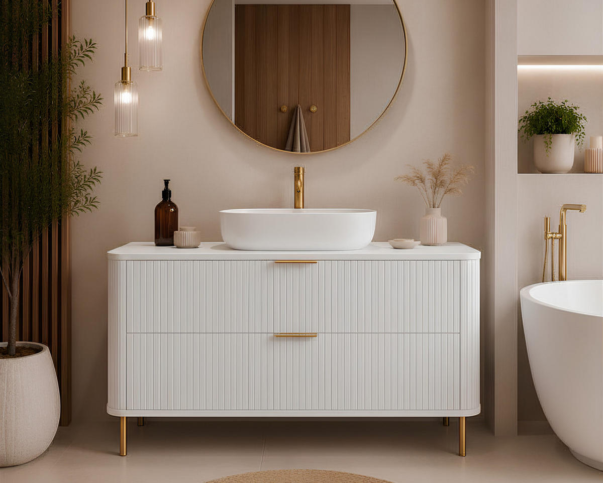 BADEZIMMERSCHRANK : Farbe Weiß, Griff gold, Füße gold, 120 x 41,5 x 66,7 cm - Goldfarben/Weiß, Holzwerkstoff (120/66.7/41.5cm) - 3XE LIVING