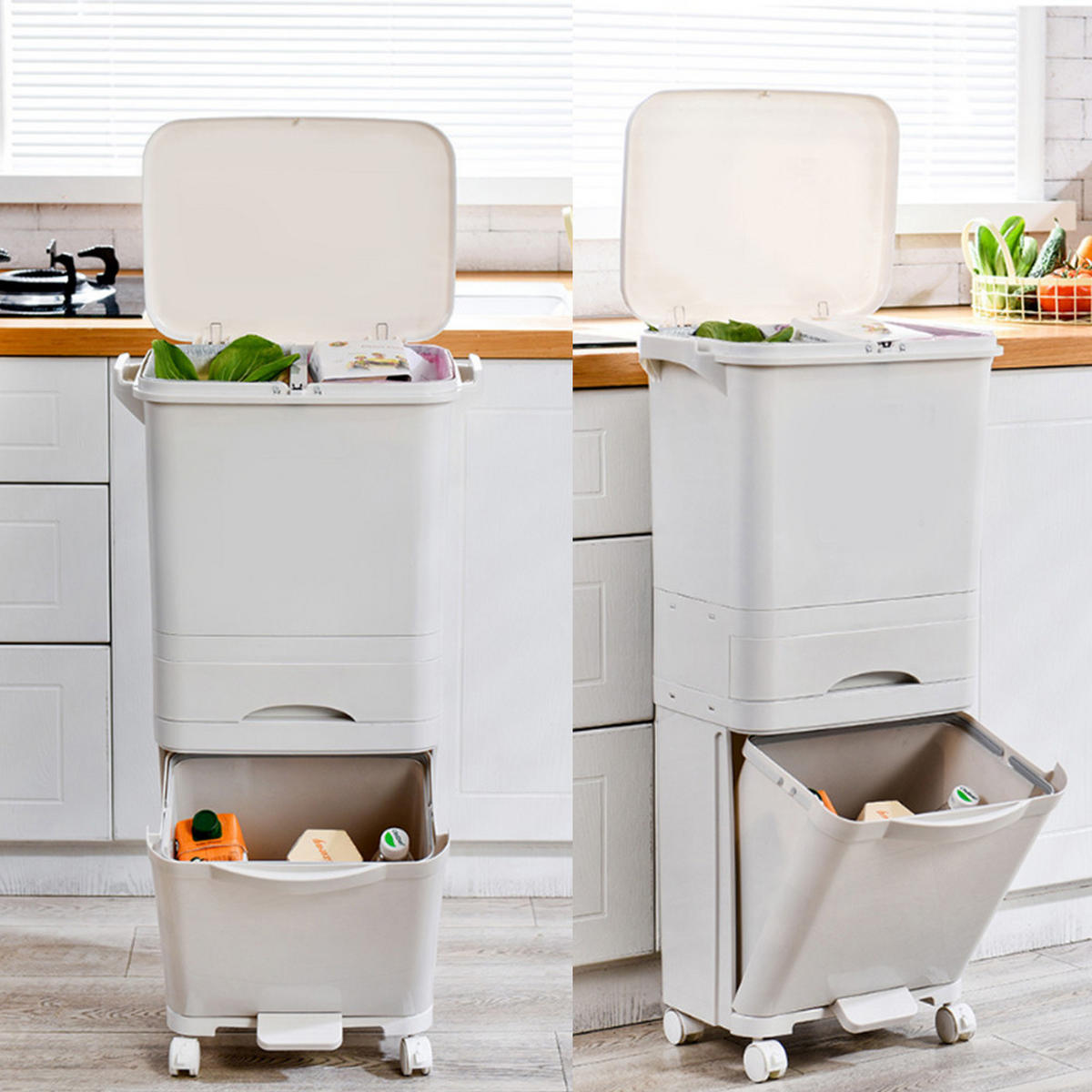 MÜLLEIMER 38L Mülltrennung 2-Stufig mit Rollen aus Kunststoff in Weiß Benutzerfreundliche Handhabung 42 cm (B) × 28,2 cm (T) × 73 cm - Weiß, Kunststoff (42/73/28.2cm) - Livingandhome