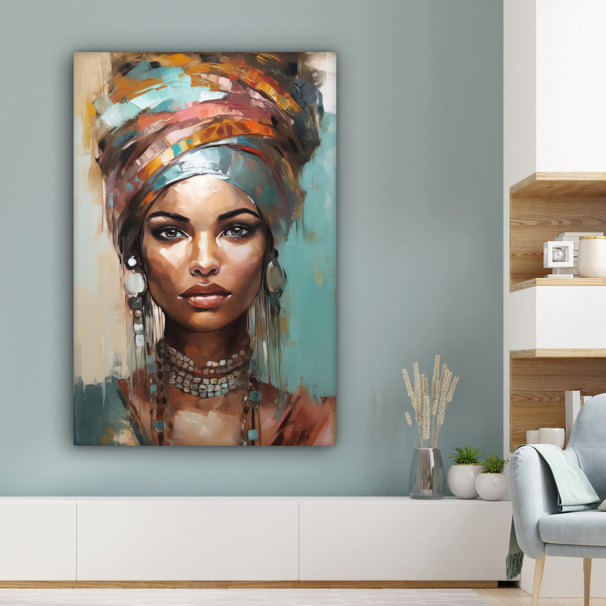 LEINWANDBILD Frau - Kunst - Schmuck - Porträt 90x140 cm - Blaugrau, Textil (90/140cm) - MuchoWow