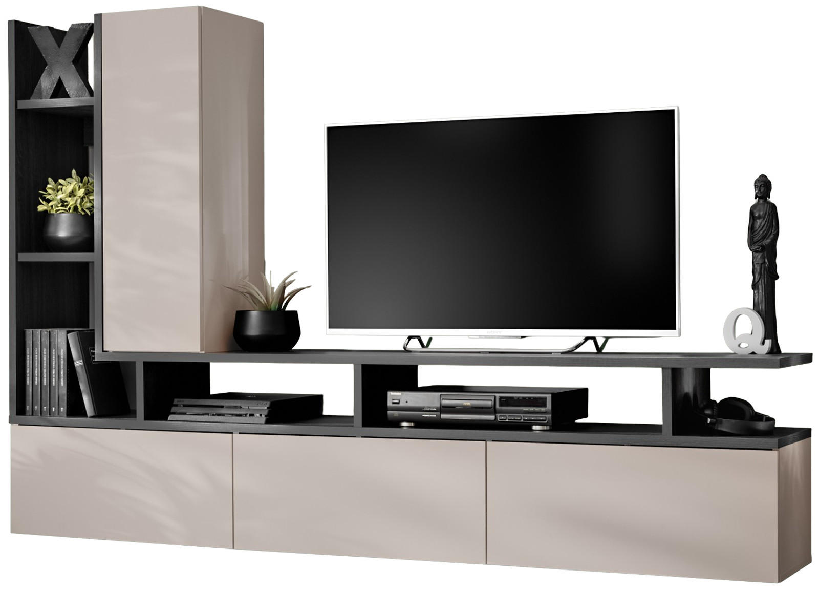 WOHNWAND Graphit Eiche, Kaschmir 210 cm hängend, Schrankwand mit Push-to-Open - Kaschmir/Grau, Holzwerkstoff (210/140/35cm) - Inn.Furn