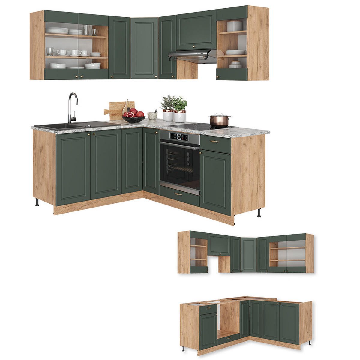 ECKKÜCHE Fame-Line Grün-Gold Landhaus/Goldkraft Eiche 160 x 60 cm ohne AP - Eiche Wotan/Grün, Holzwerkstoff (190/81.6/46cm) - Vicco