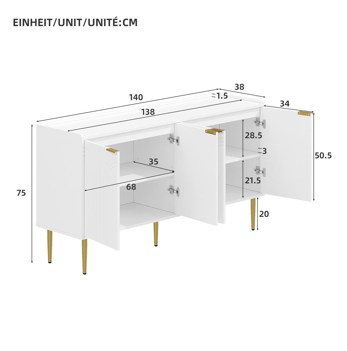 KOMMODE aus MDF 140x38x75cm in Weiß mit Soft-Close & Stauraum - Weiß, Holzwerkstoff (140/75/38cm) - Modfu