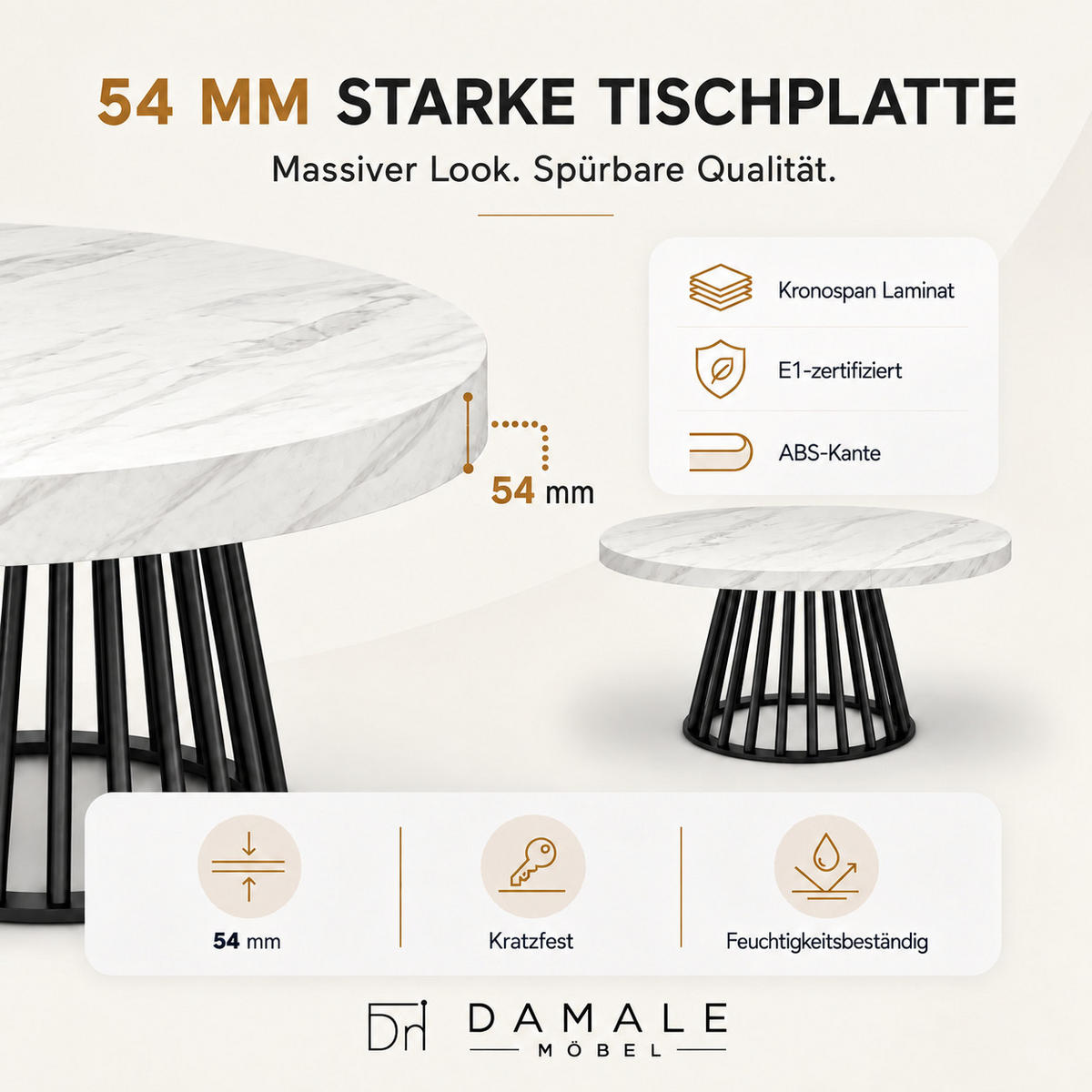 ESSTISCH rund ausziehbar 90/190/76 cm, Marmor, 54 cm Tischplatte + Lamellen-Metallgestell Schwarz - Hellgrau/Schwarz, Holzwerkstoff/Metall (90/190/76cm) - Damale Möbel