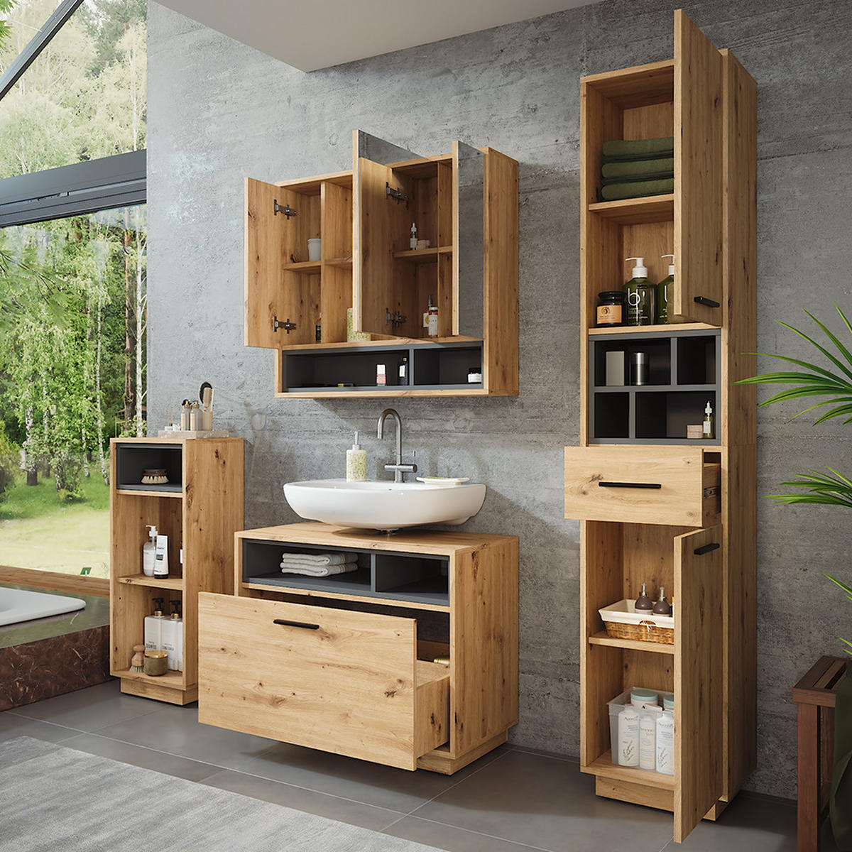 KOUPELNOVÁ SESTAVA NÁBYTKU Beatrice Dub Artisan/antracit - antracitová/dub artisan, kompozitní dřevo (80/64/35cm) - Vicco