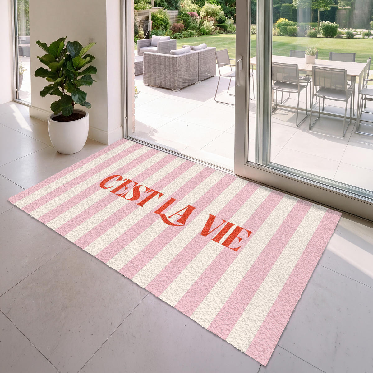 FUSSMATTE Zartrosa – Rot – Streifen – C'est La Vie 180x120 cm - Rosa, Kunststoff (180/0.4cm) - MuchoWow