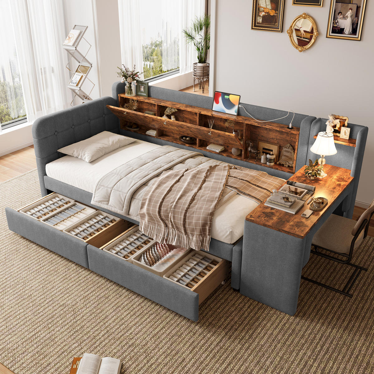 POLSTERBETT aus Leinen & MDF 90x200 cm in Grau mit Schreibtisch & 2 Schubladen - Grau, Textil (90/200cm) - Modfu
