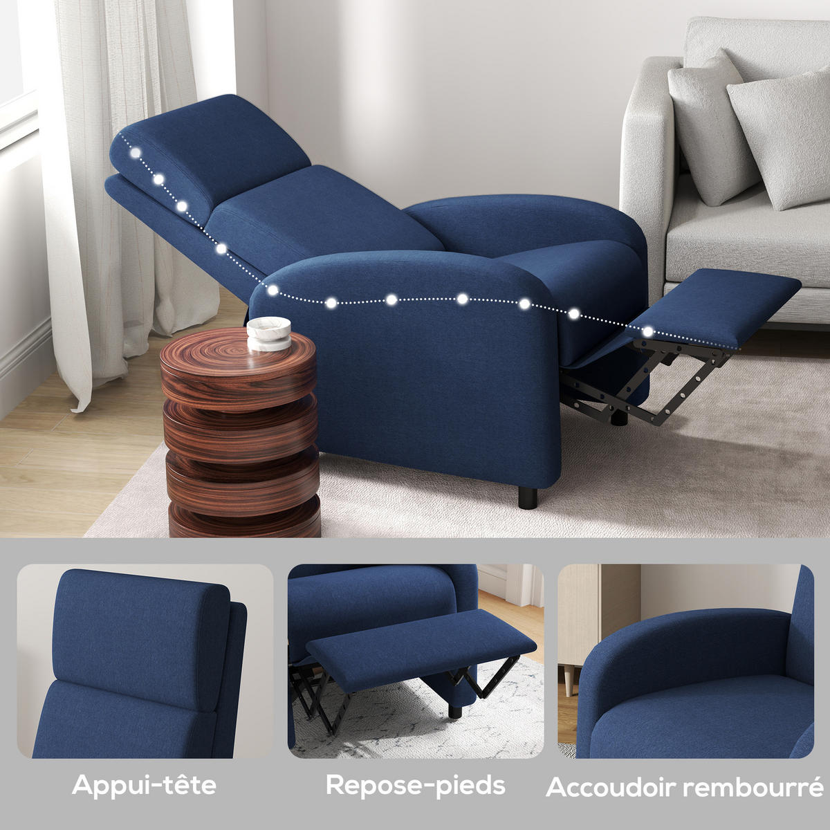 RELAXSESSEL DE-15381 manuell neigbar bis 160° mit integrierter Fußstütze - Blau, Textil (86/102/64cm) - ComfortXL