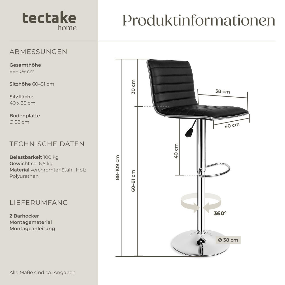 BARHOCKER 2er Set Johannes, Sitzhöhe 60 - 81 cm, schwarz - Schwarz, Leder/Textil (40/109/38cm) - tectake