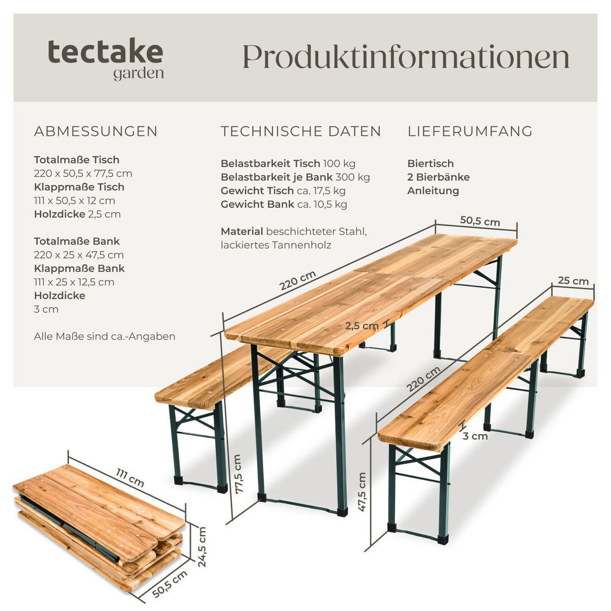BIERZELTGARNITUR Ralf,Holzlackierung mit Klarlack,braun - Braun, Naturmaterialien/Holz - tectake