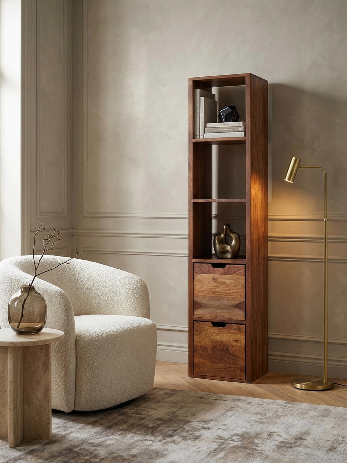 WANDREGAL Massivholz Modern Stil Flexibel mit 5 Ablagen und 2 Schubladen - Braun, Holz (35/150/30cm) - KADIMA DESIGN