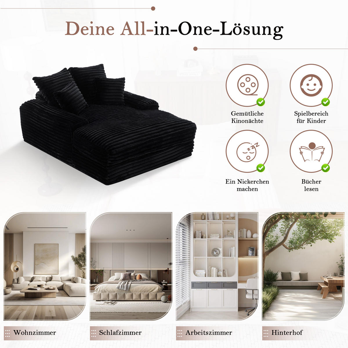 RELAXLIEGE Cordstoff mit Memory-Schaum und 4 Kissen 137/175/63 cm Schwarz - Schwarz, Textil (137/63/175cm) - Redom