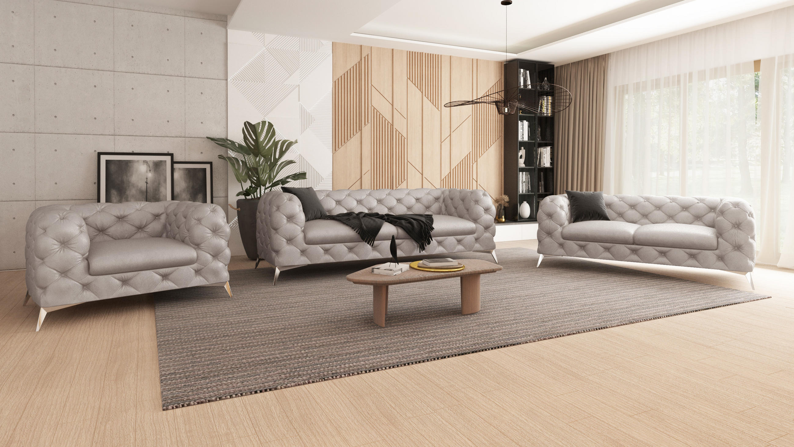 SITZGARNITUR 3+2+1 Chesterfield Quantum Grau Samt - Silberfarben/Grau, Holz/Textil (225/75/100cm) - S-Style Möbel