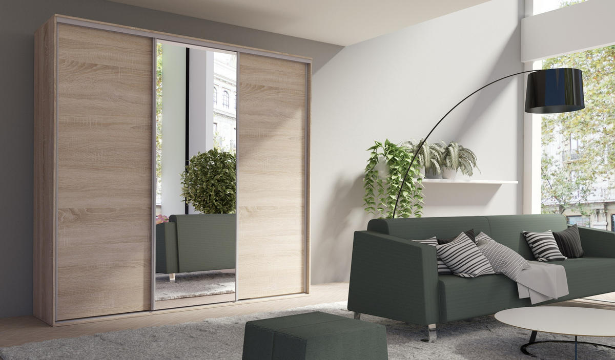 SCHIEBETÜRENSCHRANK - Kleiderschrank BORA 254 mit Spiegel - Sonoma Eiche - Sonoma Eiche, Holzwerkstoff (254/244/62cm) - Möblo